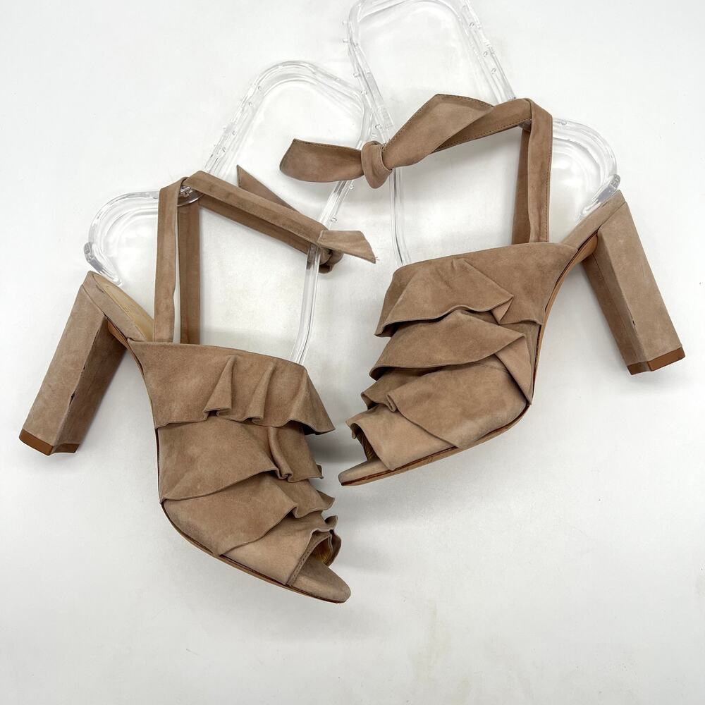 ALEXANDRE BIRMAN Ruffle Suede Heels Womens 37 Taupe Leather Ankle Wrap Sandal - Picture 5 of 16